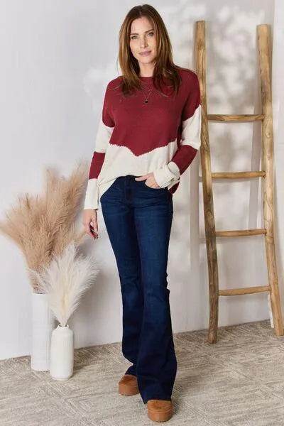 Bona Fide Fashion - Full Size Color Block Dropped Shoulder Knit Top - Women Fashion - Bona Fide Fashion