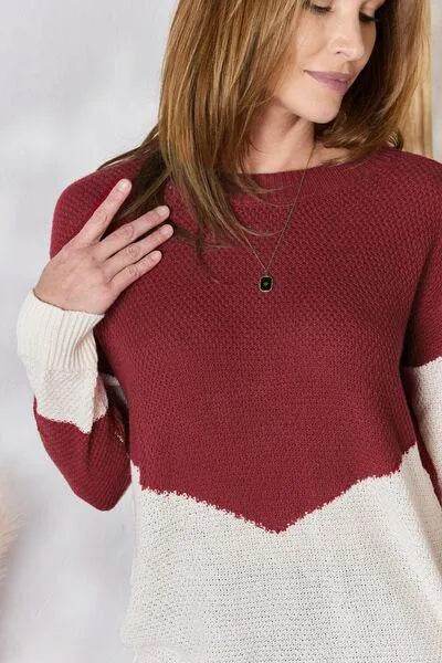 Bona Fide Fashion - Full Size Color Block Dropped Shoulder Knit Top - Women Fashion - Bona Fide Fashion