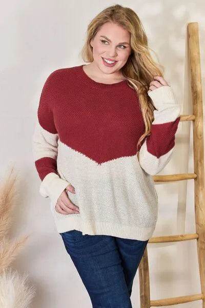 Bona Fide Fashion - Full Size Color Block Dropped Shoulder Knit Top - Women Fashion - Bona Fide Fashion
