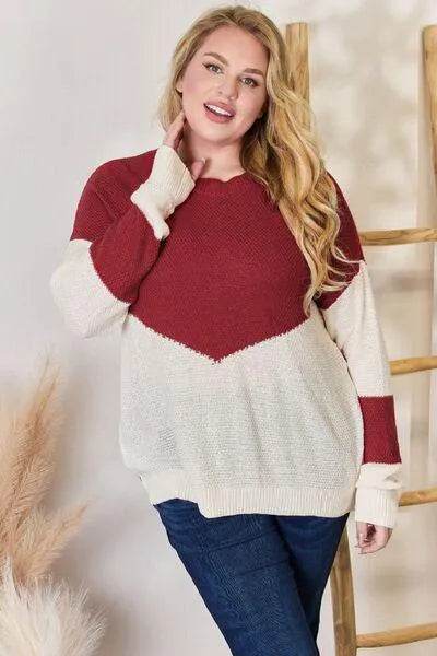 Bona Fide Fashion - Full Size Color Block Dropped Shoulder Knit Top - Women Fashion - Bona Fide Fashion