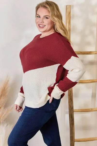 Bona Fide Fashion - Full Size Color Block Dropped Shoulder Knit Top - Women Fashion - Bona Fide Fashion