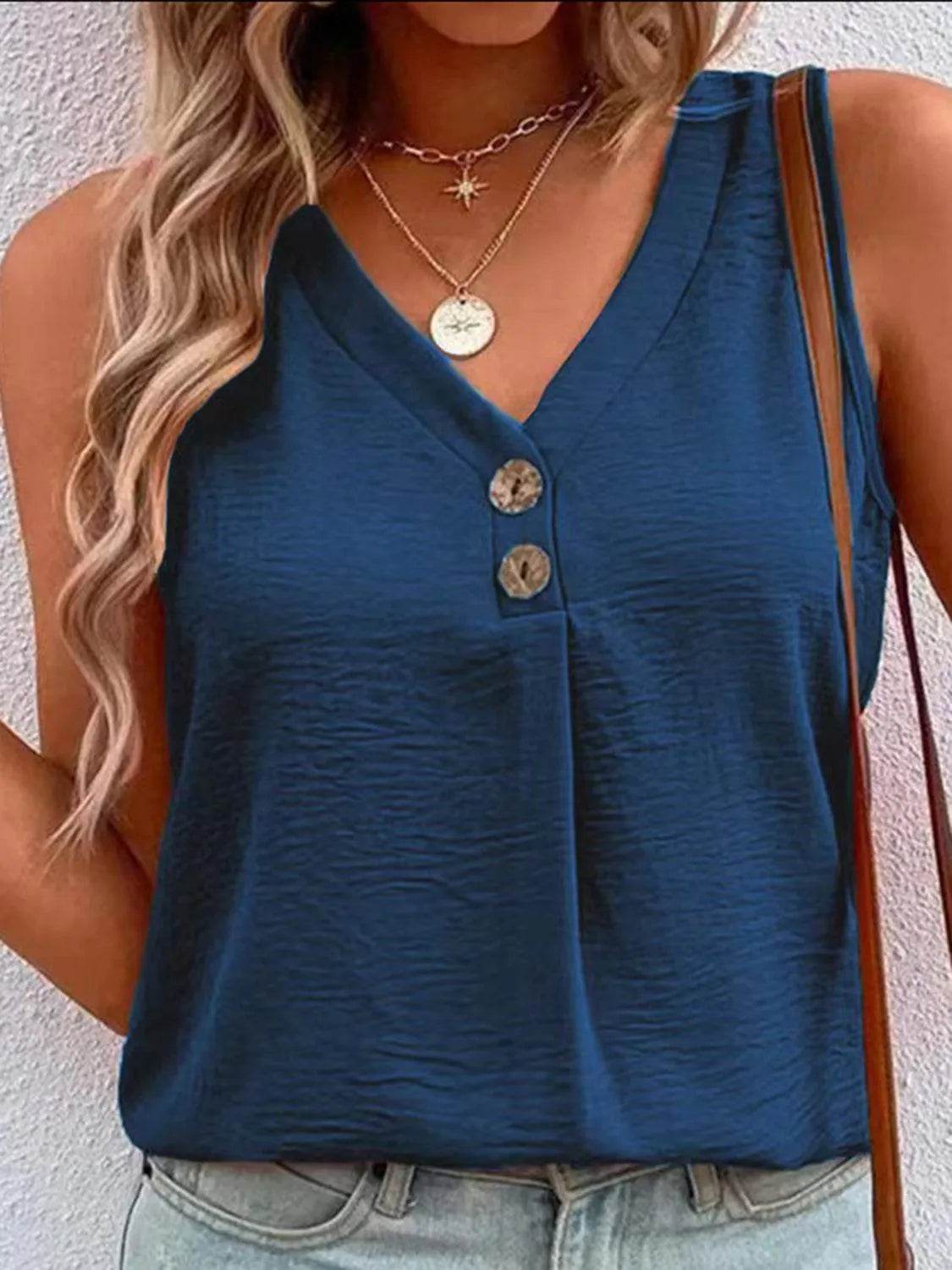 Bona Fide Fashion - Full Size Decorative Button V-Neck Tank - Women Fashion - Bona Fide Fashion