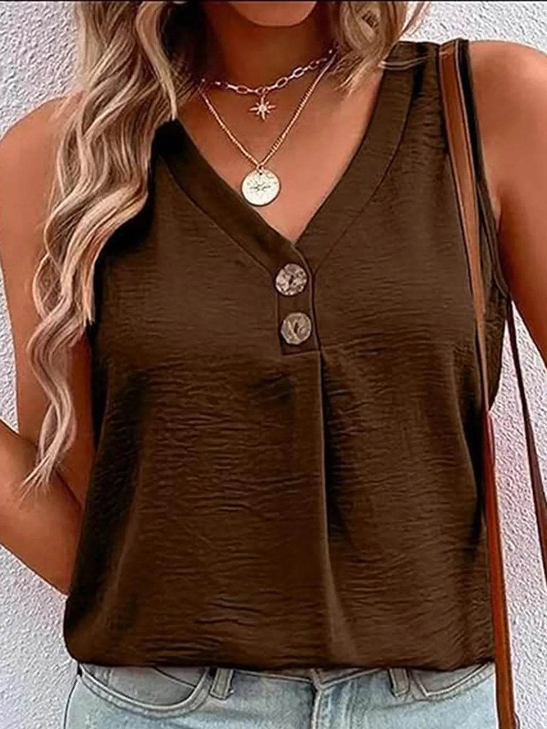 Bona Fide Fashion - Full Size Decorative Button V-Neck Tank - Women Fashion - Bona Fide Fashion