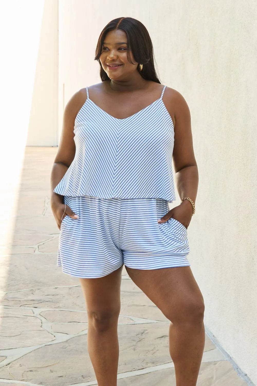 Let It Happen Double Flare Striped Romper – Full-Size Cobalt Blue One-Piece for Women - Bona Fide Fashion