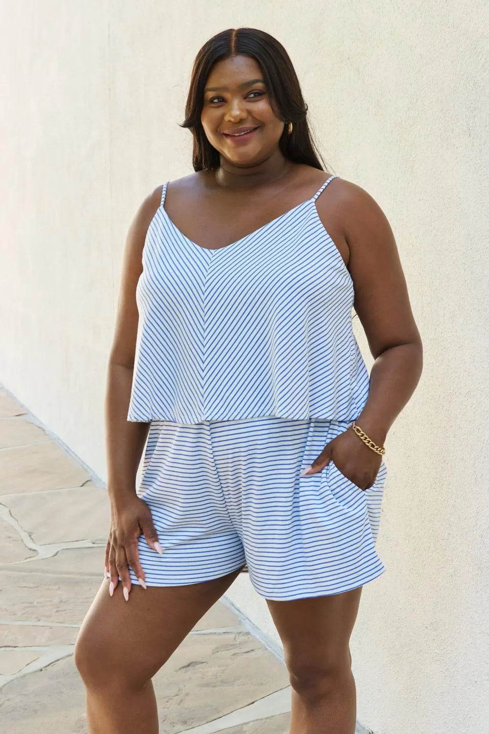 Let It Happen Double Flare Striped Romper – Full-Size Cobalt Blue One-Piece for Women - Bona Fide Fashion