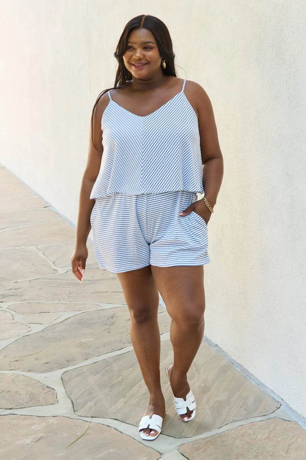 Let It Happen Double Flare Striped Romper – Full-Size Cobalt Blue One-Piece for Women - Bona Fide Fashion