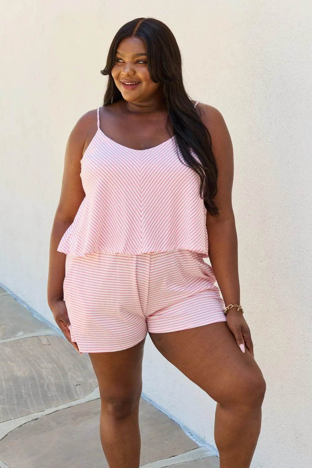 Let It Happen Double Flare Striped Romper – Full-Size Pink One-Piece Outfit for Women - Bona Fide Fashion