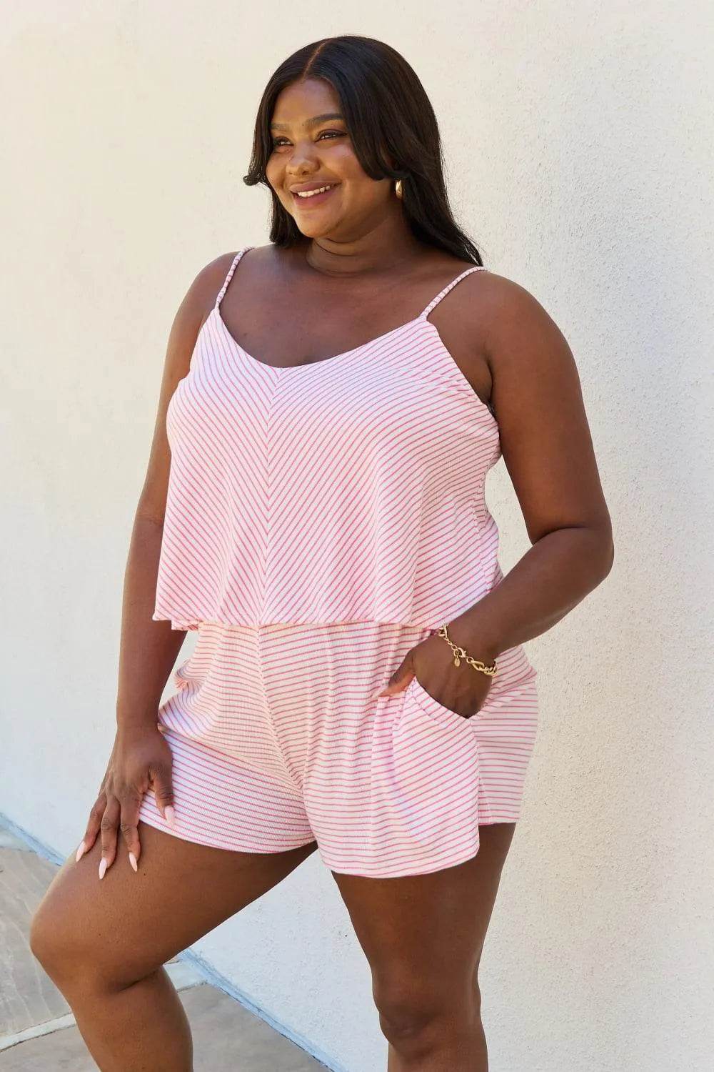 Let It Happen Double Flare Striped Romper – Full-Size Pink One-Piece Outfit for Women - Bona Fide Fashion