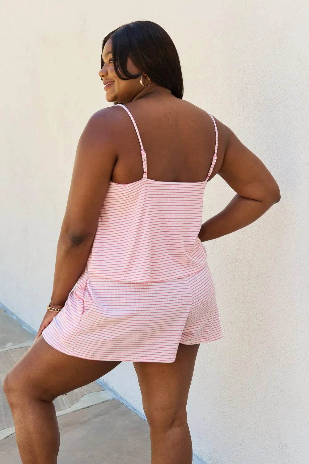Let It Happen Double Flare Striped Romper – Full-Size Pink One-Piece Outfit for Women - Bona Fide Fashion