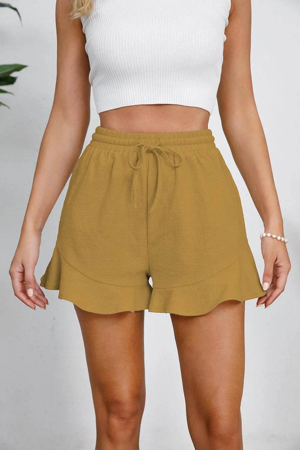 Bona Fide Fashion - Full Size Drawstring Ruffle Hem Shorts - Women Fashion - Bona Fide Fashion