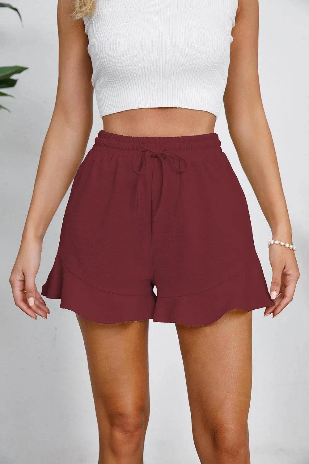 Bona Fide Fashion - Full Size Drawstring Ruffle Hem Shorts - Women Fashion - Bona Fide Fashion