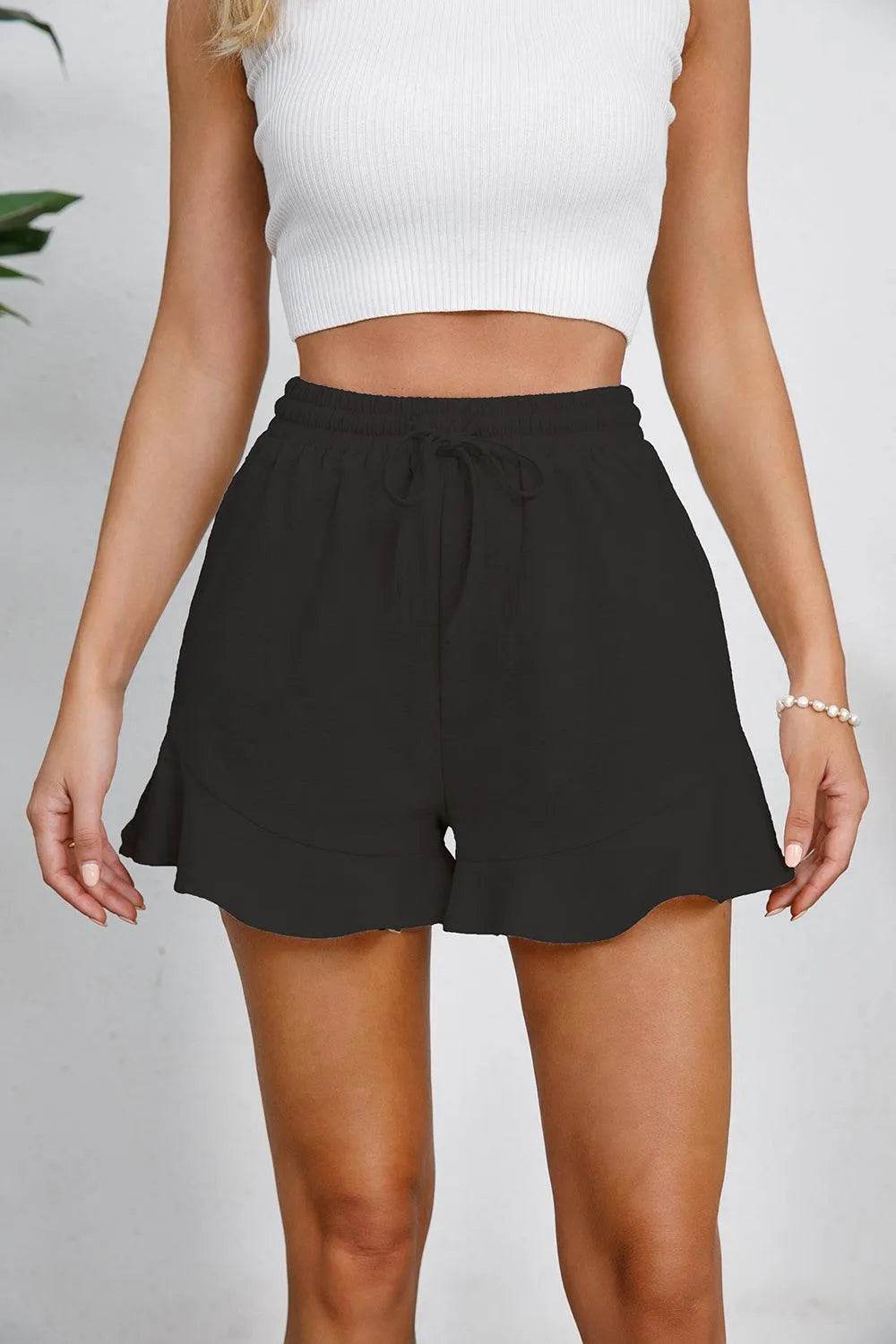 Bona Fide Fashion - Full Size Drawstring Ruffle Hem Shorts - Women Fashion - Bona Fide Fashion
