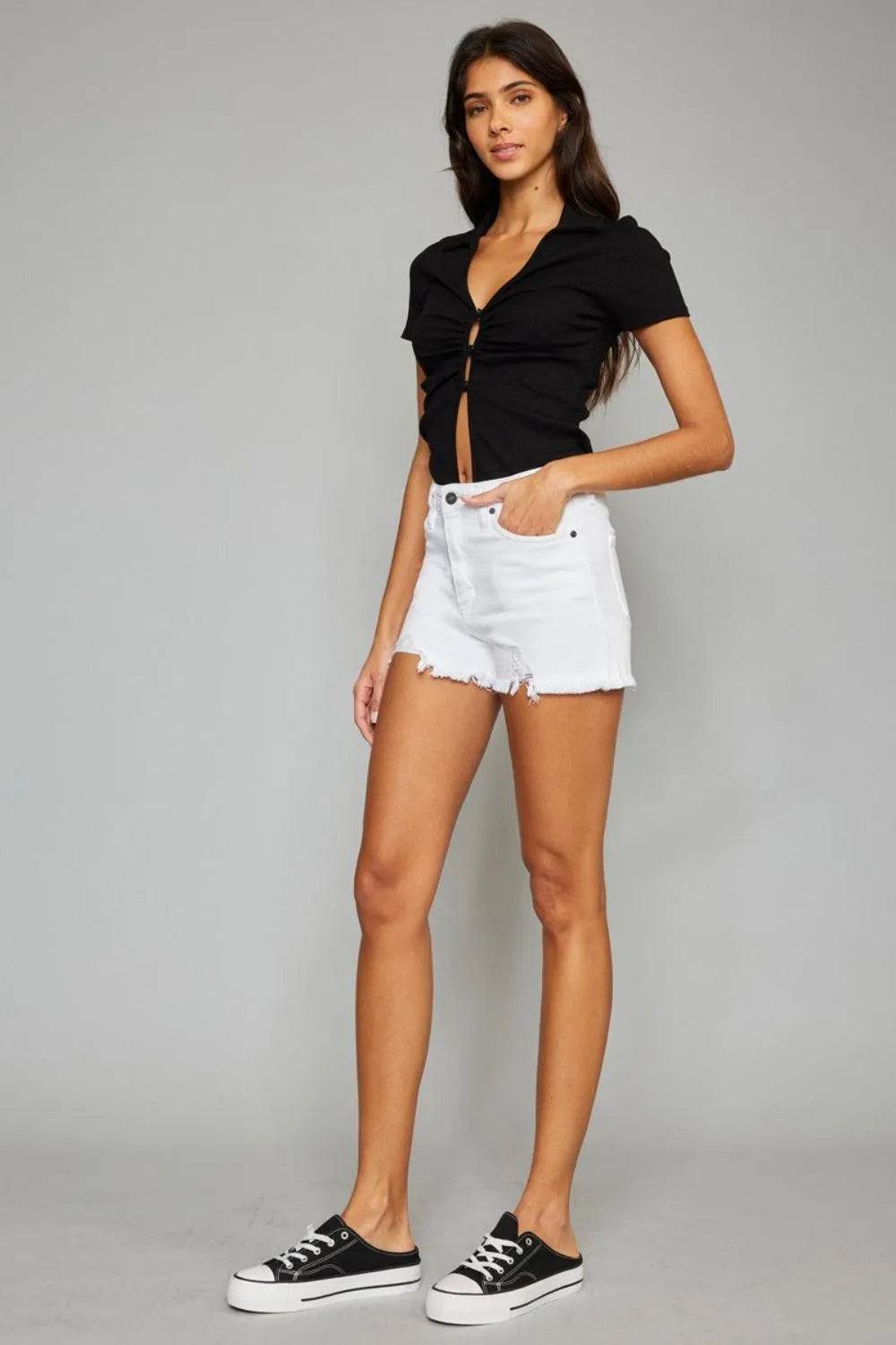 Bona Fide Fashion - Full Size High Rise Frayed Hem Denim Shorts - Women Fashion - Bona Fide Fashion