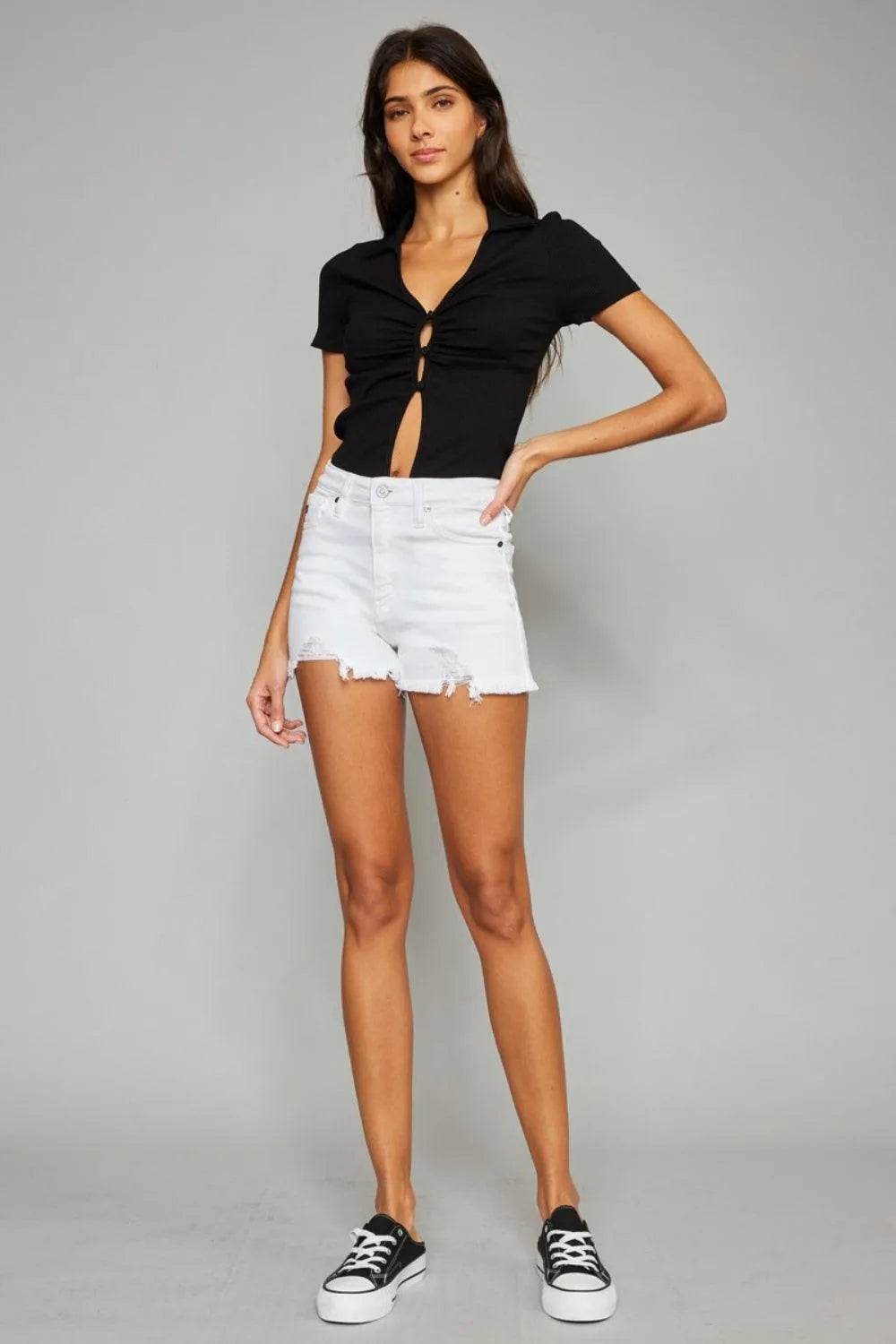 Bona Fide Fashion - Full Size High Rise Frayed Hem Denim Shorts - Women Fashion - Bona Fide Fashion