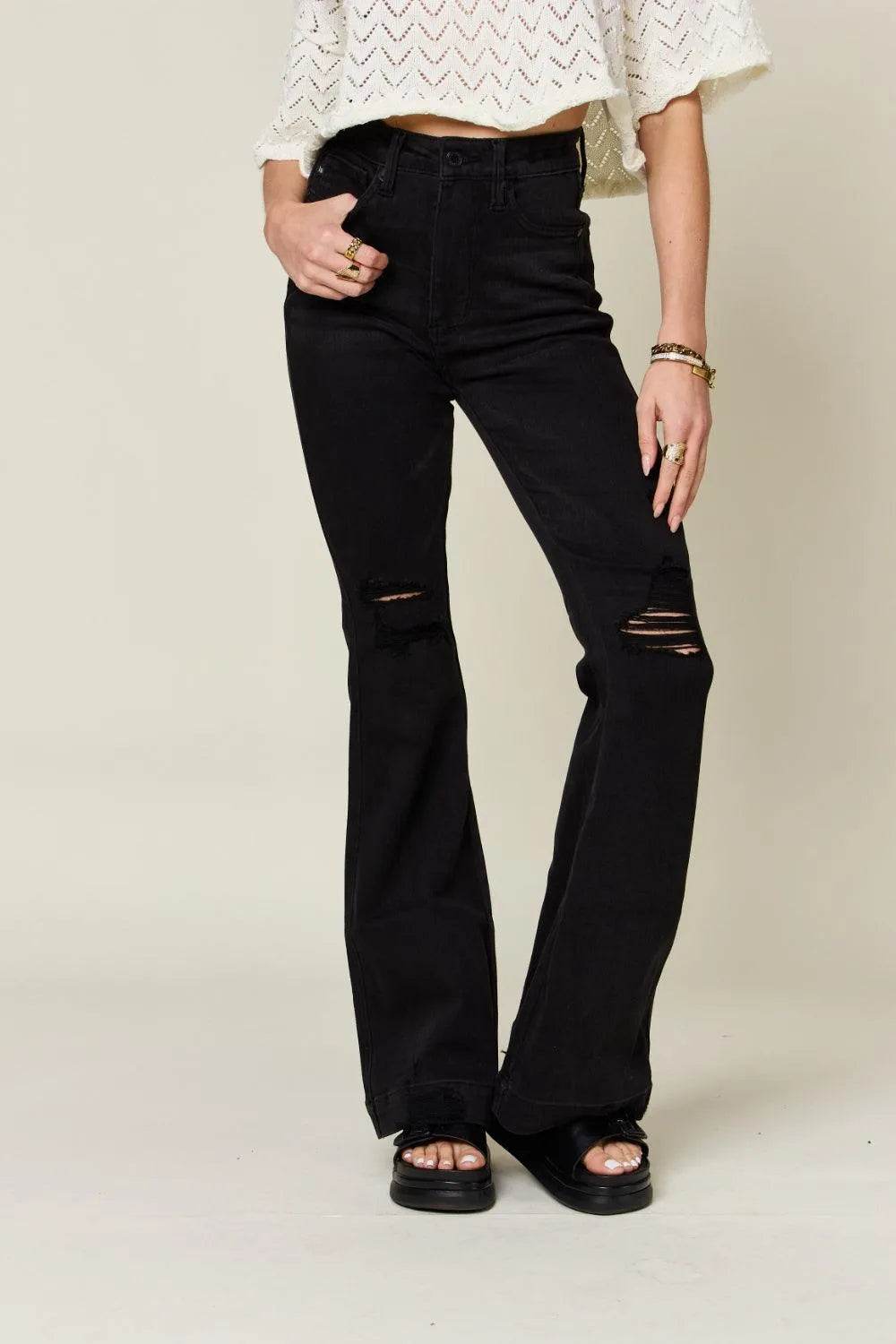 Bona Fide Fashion - Full Size High Waist Distressed Flare Jeans - Women Fashion - Bona Fide Fashion