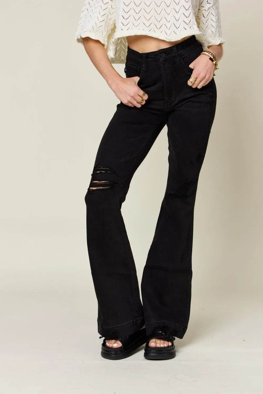 Bona Fide Fashion - Full Size High Waist Distressed Flare Jeans - Women Fashion - Bona Fide Fashion