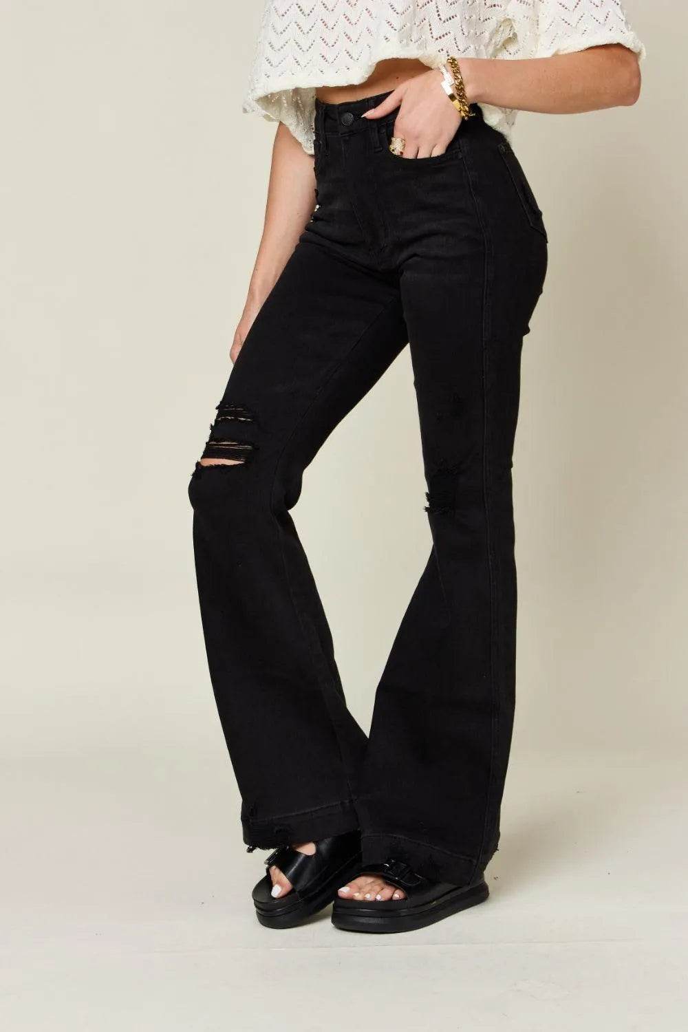 Bona Fide Fashion - Full Size High Waist Distressed Flare Jeans - Women Fashion - Bona Fide Fashion