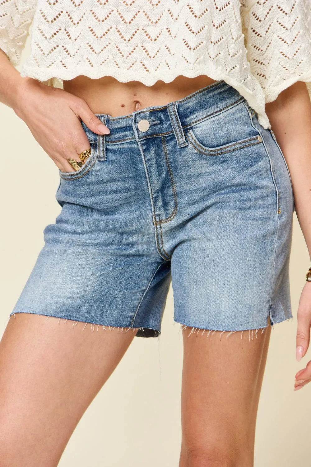 Bona Fide Fashion - Full Size High Waist Raw Hem Denim Shorts - Women Fashion - Bona Fide Fashion