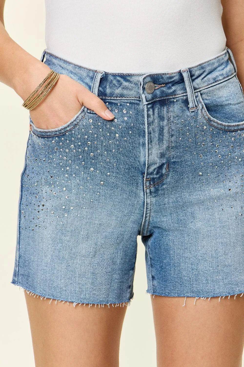 Bona Fide Fashion - Full Size High Waist Rhinestone Decor Denim Shorts - Women Fashion - Bona Fide Fashion
