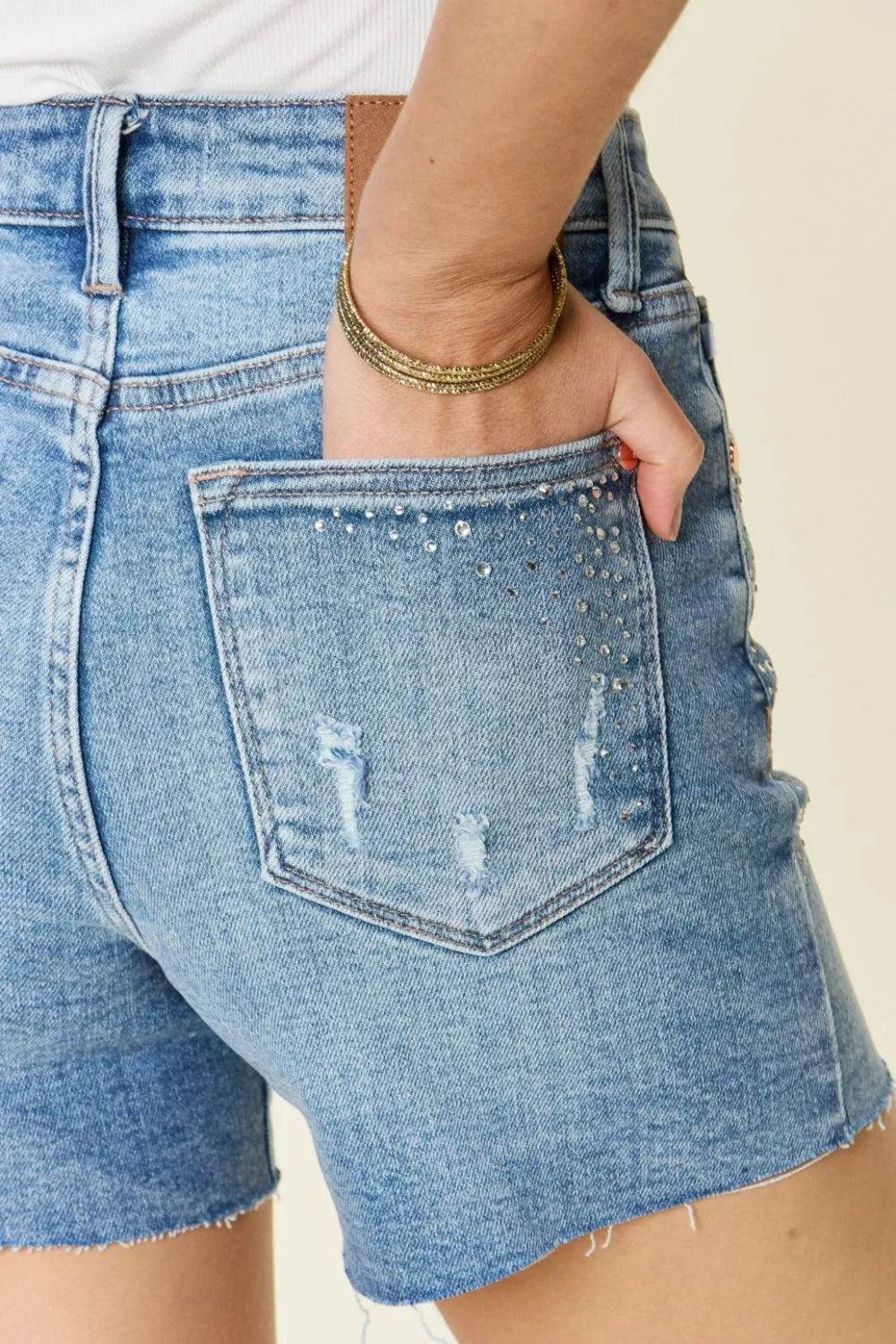 Bona Fide Fashion - Full Size High Waist Rhinestone Decor Denim Shorts - Women Fashion - Bona Fide Fashion