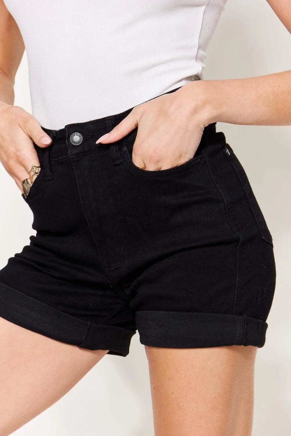 Bona Fide Fashion - Full Size High Waist Tummy Control Cuffed Denim Shorts - Women Fashion - Bona Fide Fashion