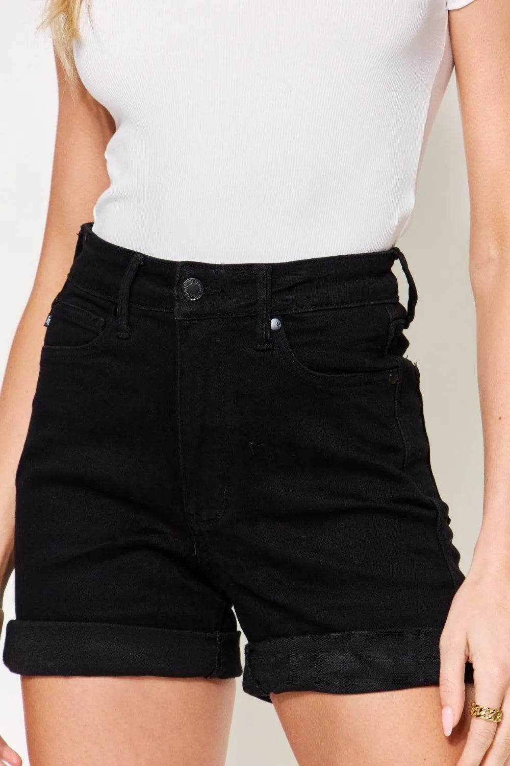 Bona Fide Fashion - Full Size High Waist Tummy Control Cuffed Denim Shorts - Women Fashion - Bona Fide Fashion