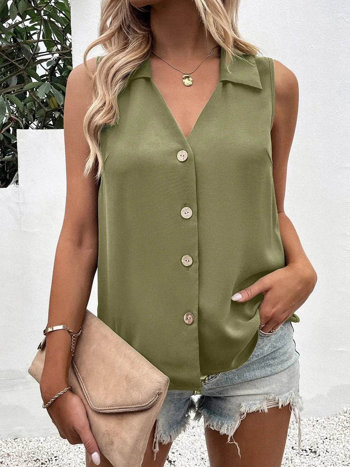 Bona Fide Fashion - Full Size Johnny Collar Button Up Tank - Women Fashion - Bona Fide Fashion