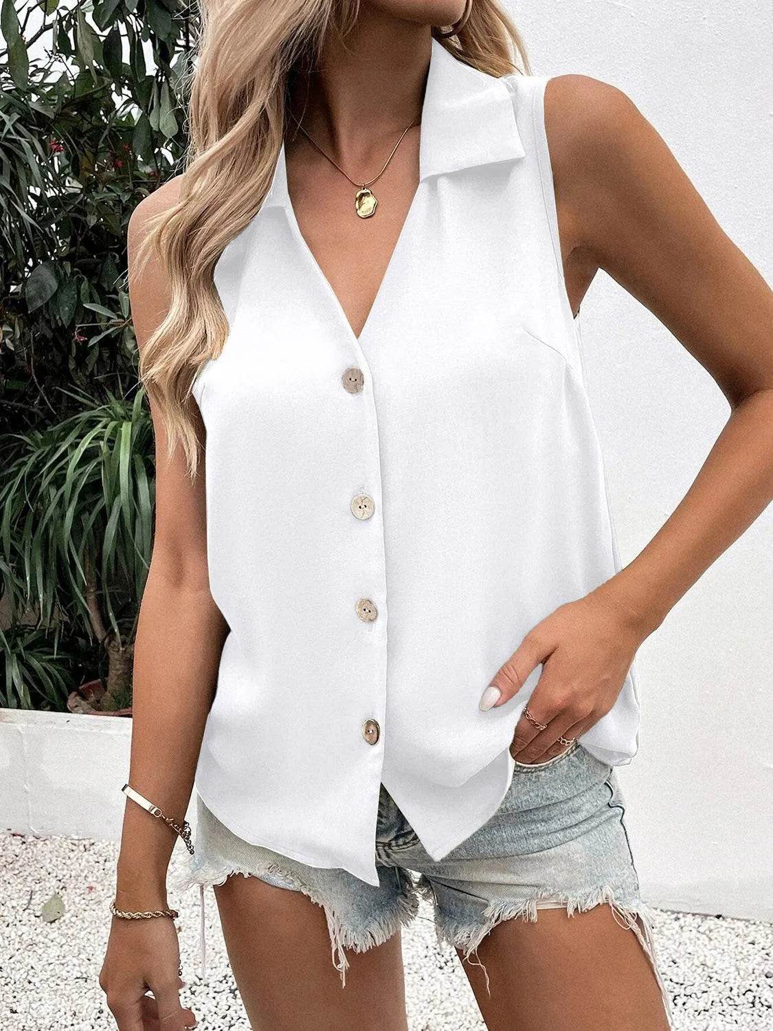 Bona Fide Fashion - Full Size Johnny Collar Button Up Tank - Women Fashion - Bona Fide Fashion