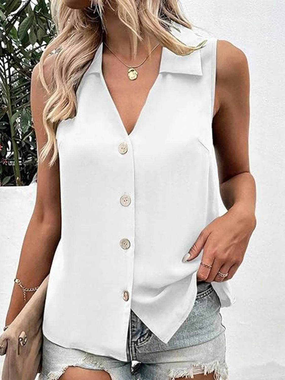 Bona Fide Fashion - Full Size Johnny Collar Button Up Tank - Women Fashion - Bona Fide Fashion