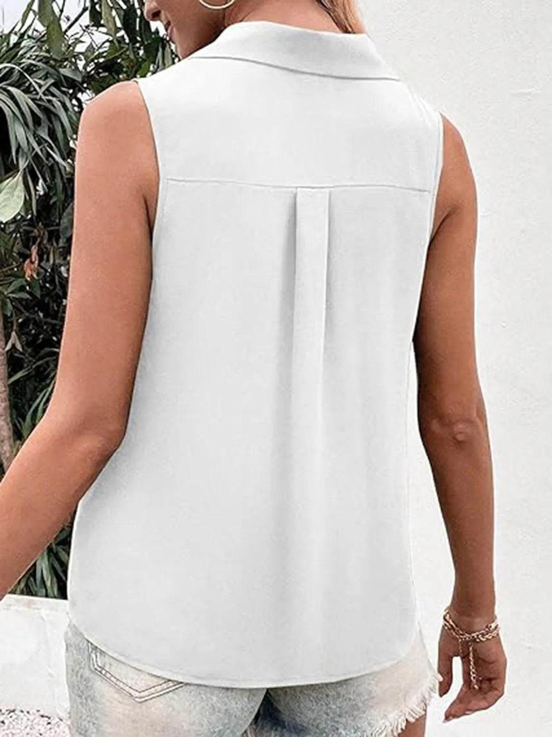 Bona Fide Fashion - Full Size Johnny Collar Button Up Tank - Women Fashion - Bona Fide Fashion