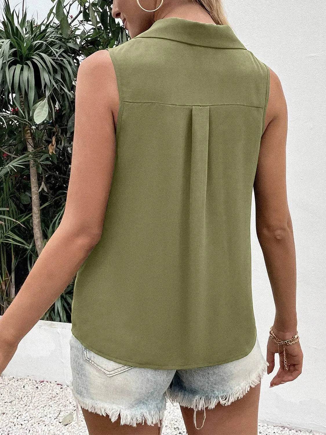 Bona Fide Fashion - Full Size Johnny Collar Button Up Tank - Women Fashion - Bona Fide Fashion