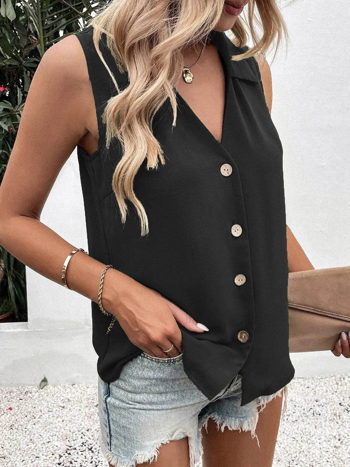 Bona Fide Fashion - Full Size Johnny Collar Button Up Tank - Women Fashion - Bona Fide Fashion