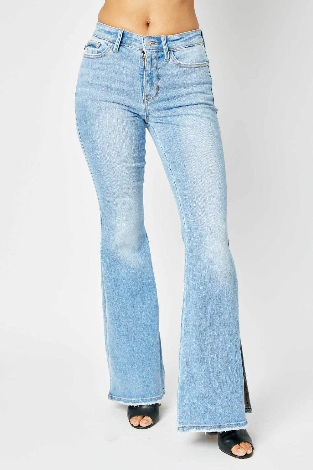 Full Size Mid Rise Raw Hem Slit Flare Jeans - Light Wash | Bona Fide Fashion - Bona Fide Fashion