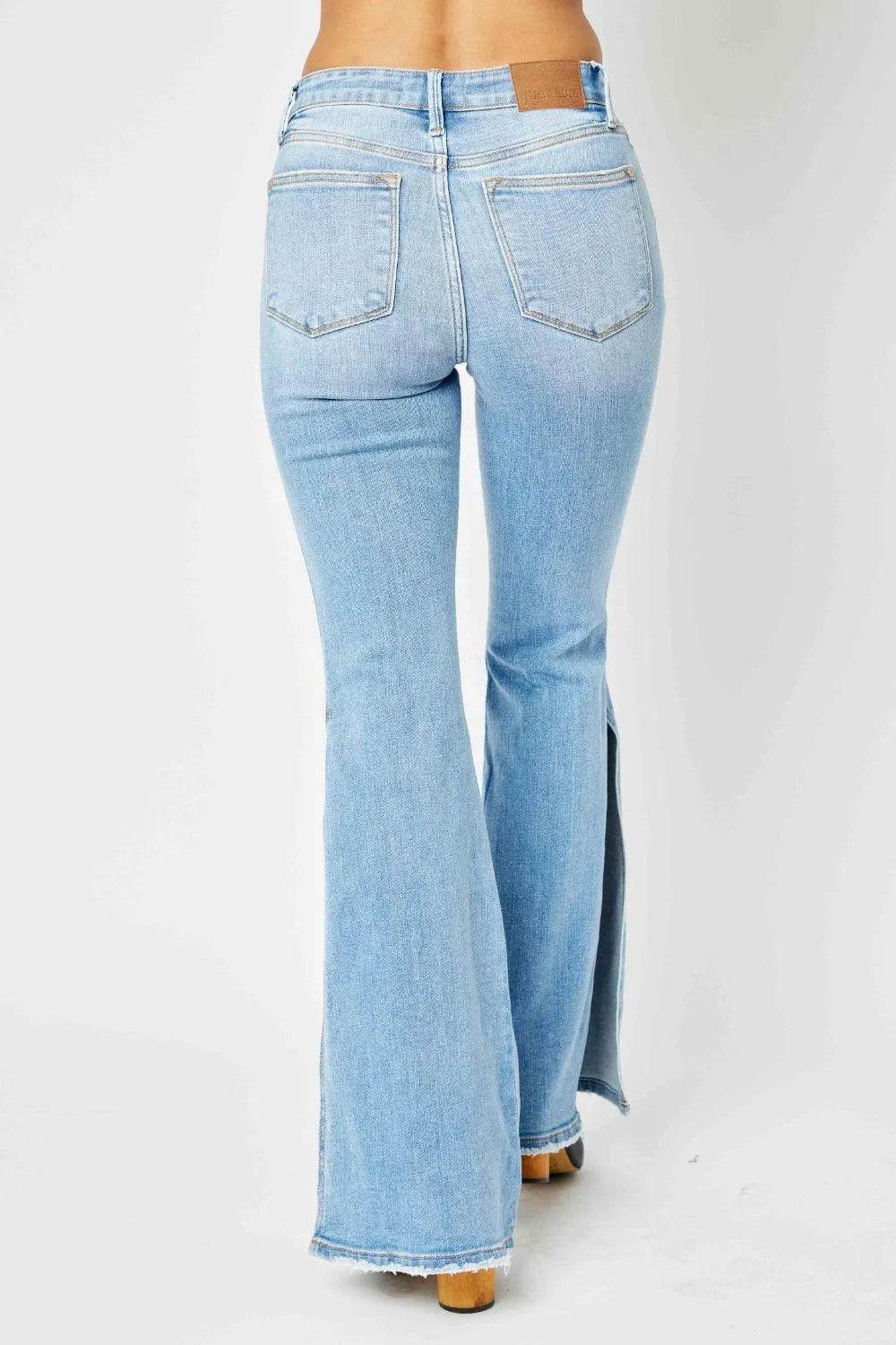 Full Size Mid Rise Raw Hem Slit Flare Jeans - Light Wash | Bona Fide Fashion - Bona Fide Fashion