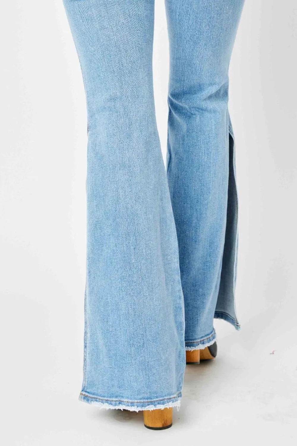 Full Size Mid Rise Raw Hem Slit Flare Jeans - Light Wash | Bona Fide Fashion - Bona Fide Fashion