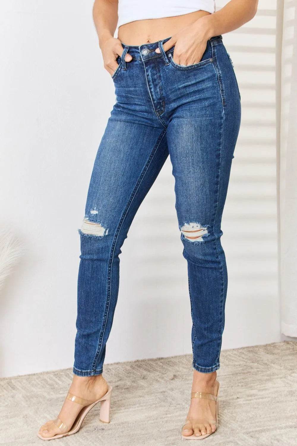 Bona Fide Fashion - Full Size Mid Waist Distressed Slim Jeans - Women Fashion - Bona Fide Fashion
