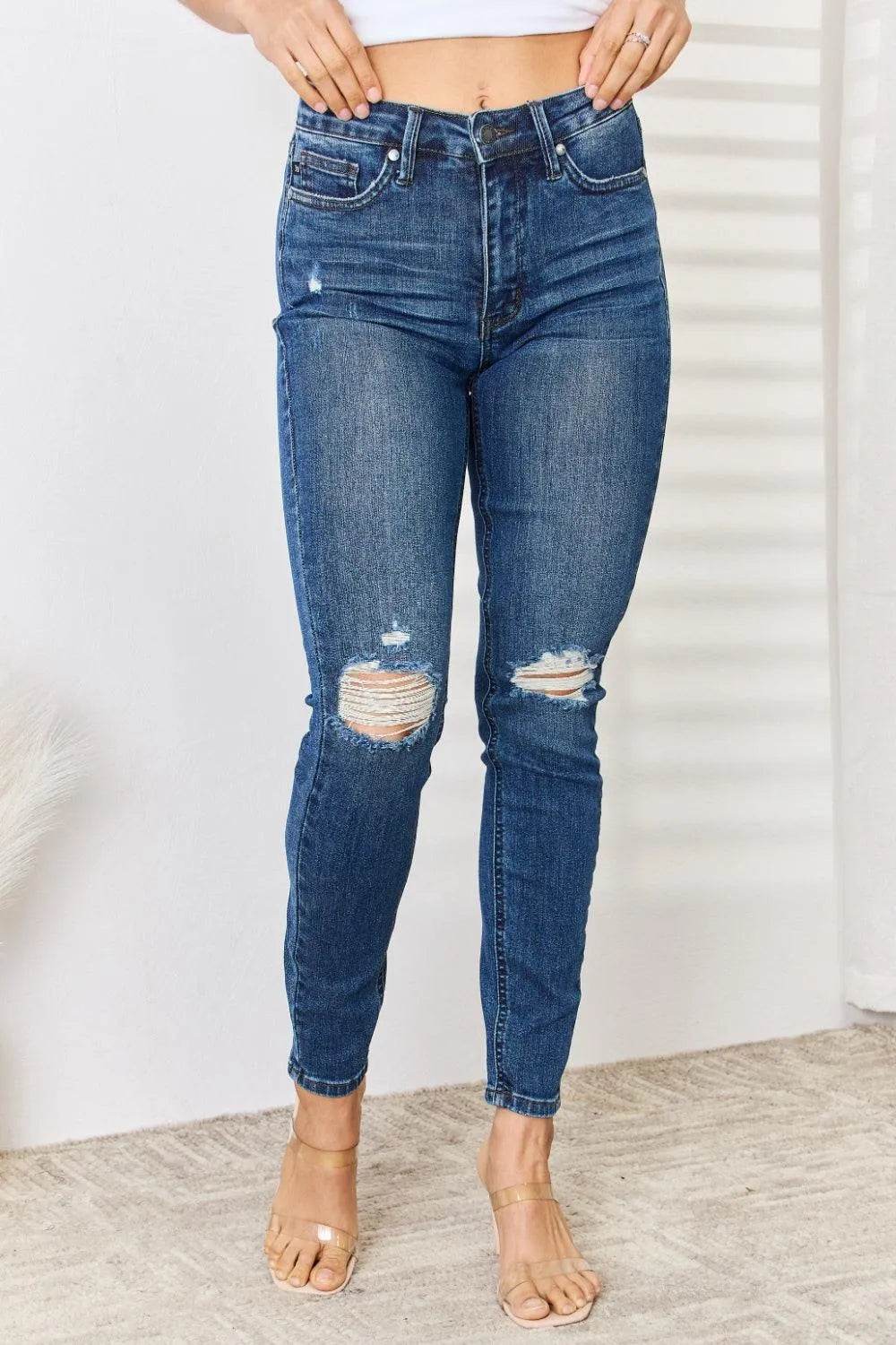 Bona Fide Fashion - Full Size Mid Waist Distressed Slim Jeans - Women Fashion - Bona Fide Fashion