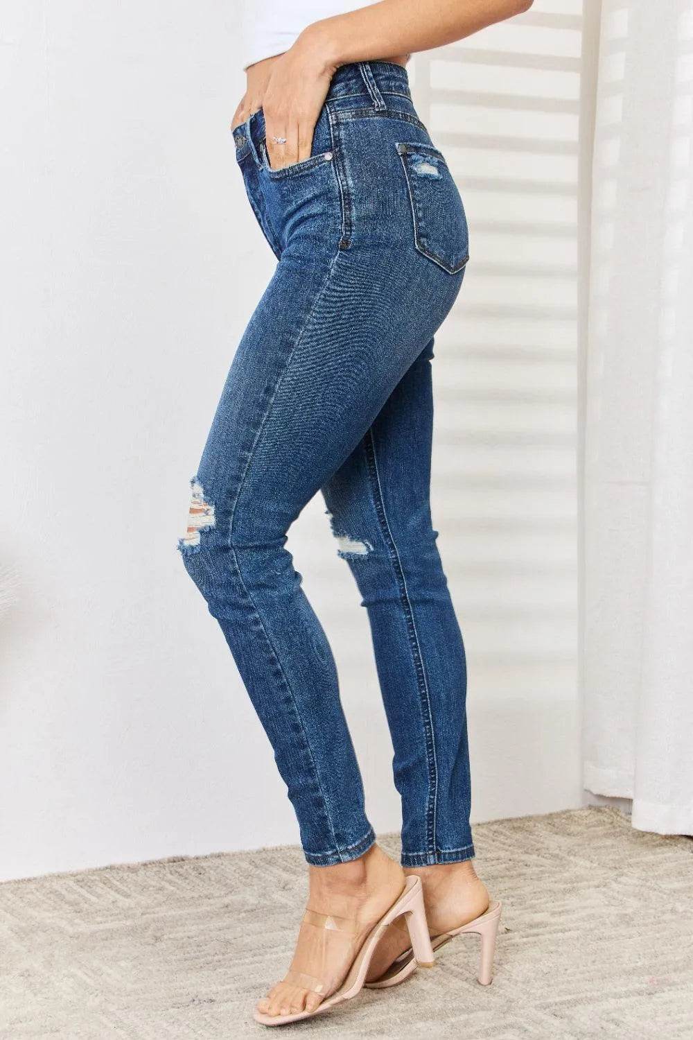 Bona Fide Fashion - Full Size Mid Waist Distressed Slim Jeans - Women Fashion - Bona Fide Fashion