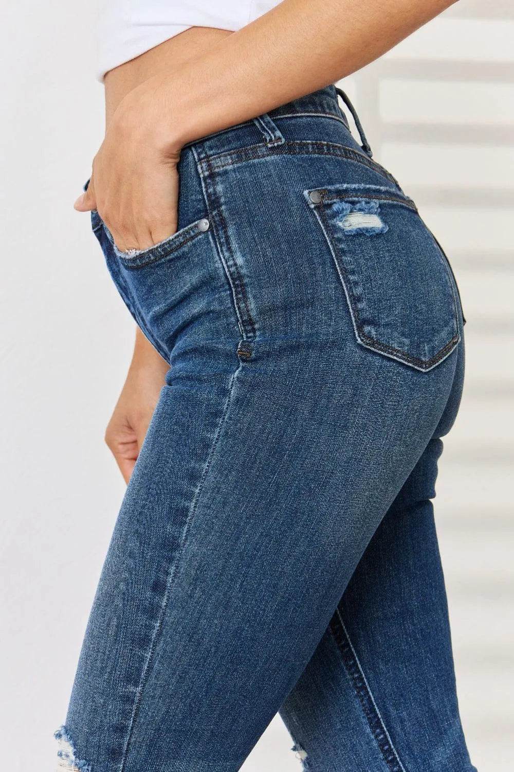 Bona Fide Fashion - Full Size Mid Waist Distressed Slim Jeans - Women Fashion - Bona Fide Fashion