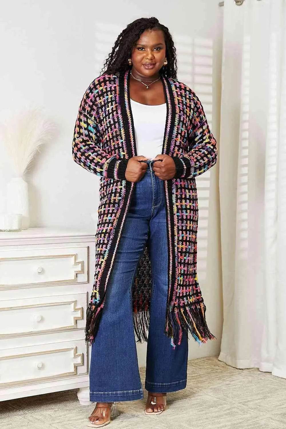 Bona Fide Fashion - Full Size Multicolored Open Front Fringe Hem Cardigan - Women Fashion - Bona Fide Fashion