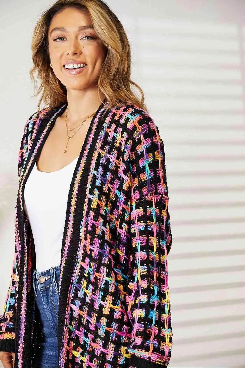 Bona Fide Fashion - Full Size Multicolored Open Front Fringe Hem Cardigan - Women Fashion - Bona Fide Fashion