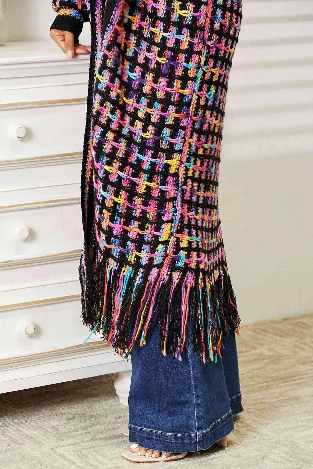 Bona Fide Fashion - Full Size Multicolored Open Front Fringe Hem Cardigan - Women Fashion - Bona Fide Fashion