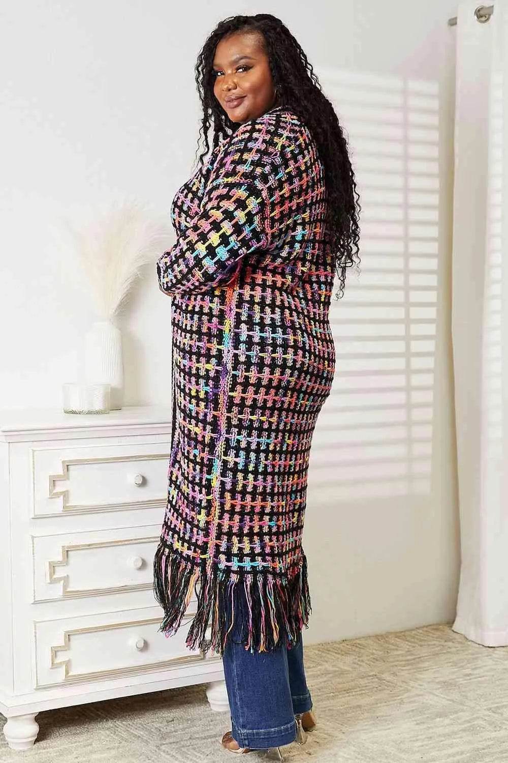 Bona Fide Fashion - Full Size Multicolored Open Front Fringe Hem Cardigan - Women Fashion - Bona Fide Fashion
