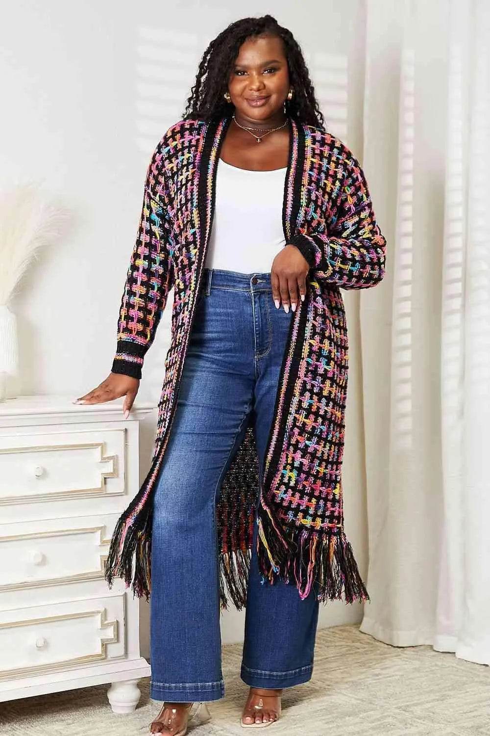 Bona Fide Fashion - Full Size Multicolored Open Front Fringe Hem Cardigan - Women Fashion - Bona Fide Fashion
