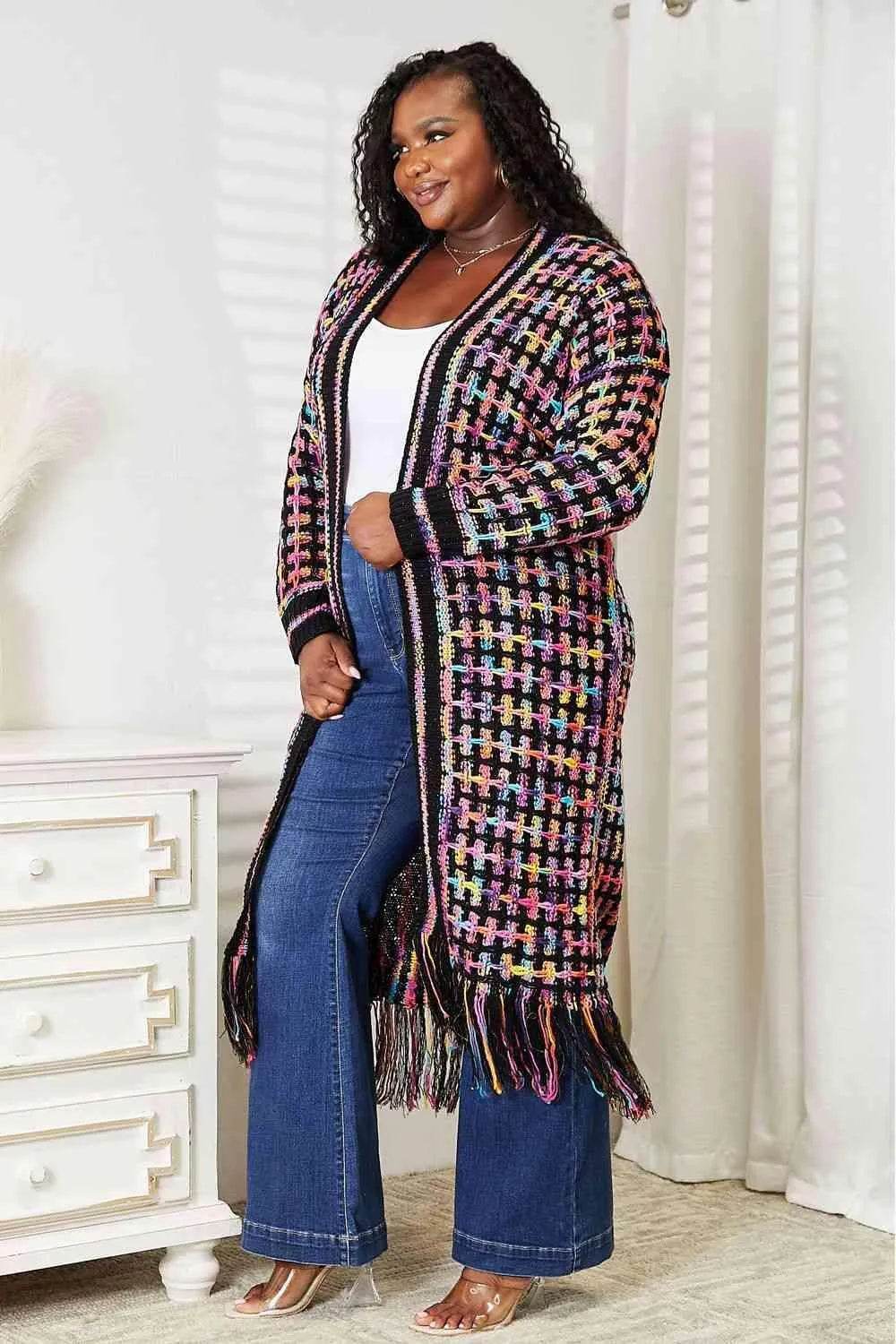 Bona Fide Fashion - Full Size Multicolored Open Front Fringe Hem Cardigan - Women Fashion - Bona Fide Fashion
