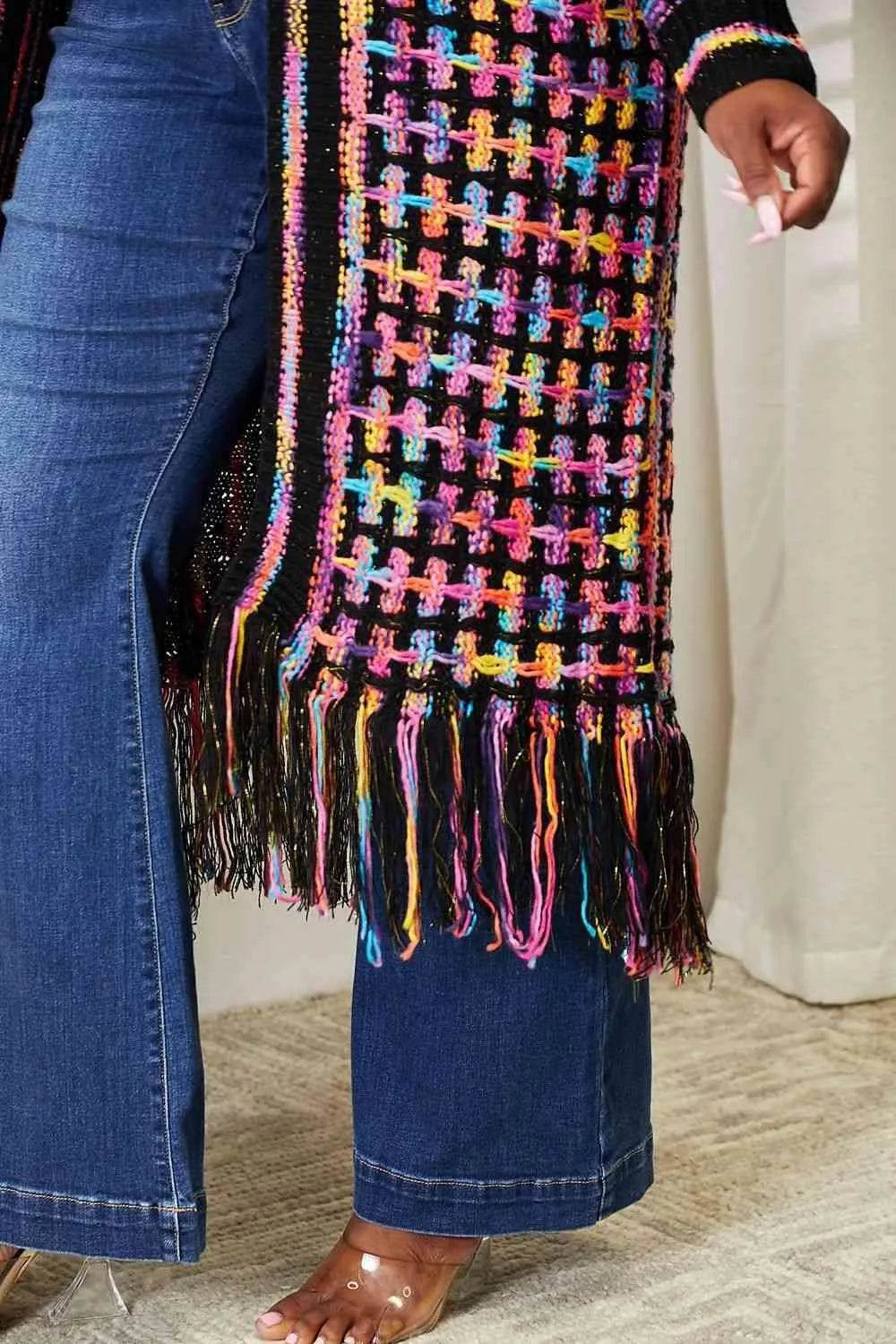 Bona Fide Fashion - Full Size Multicolored Open Front Fringe Hem Cardigan - Women Fashion - Bona Fide Fashion