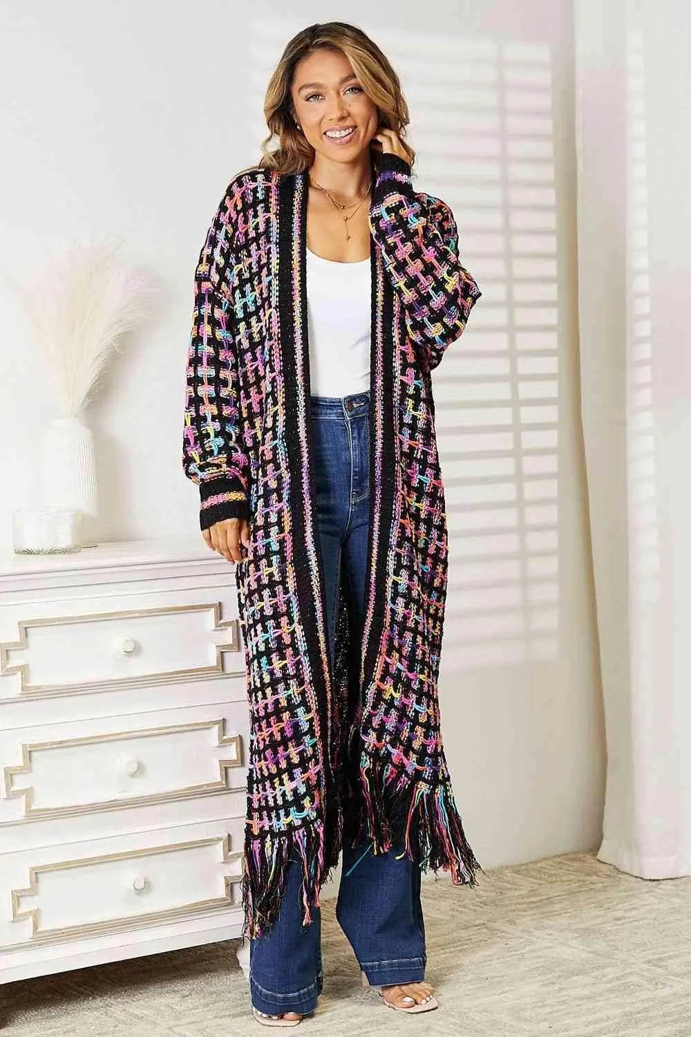 Bona Fide Fashion - Full Size Multicolored Open Front Fringe Hem Cardigan - Women Fashion - Bona Fide Fashion