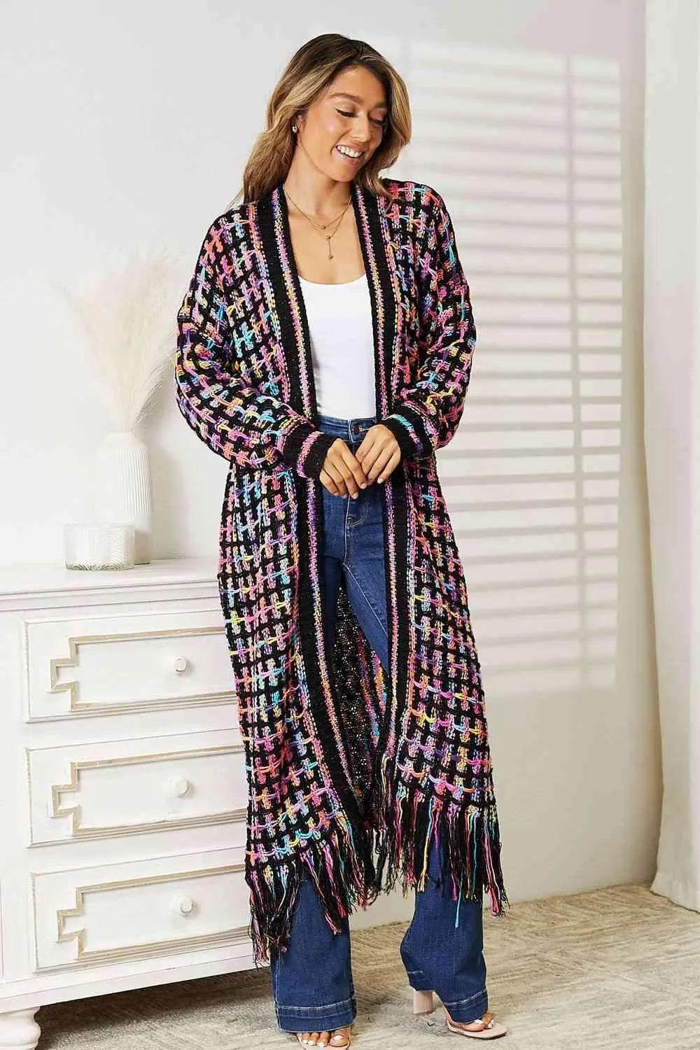 Bona Fide Fashion - Full Size Multicolored Open Front Fringe Hem Cardigan - Women Fashion - Bona Fide Fashion