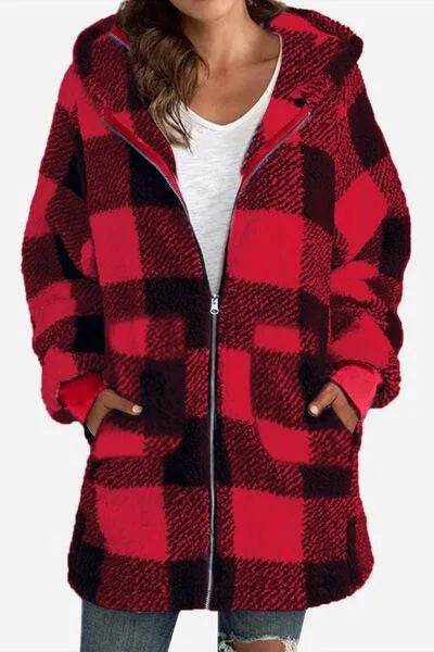 Bona Fide Fashion - Full Size Plaid Long Sleeve Hooded Coat - Women Fashion - Bona Fide Fashion