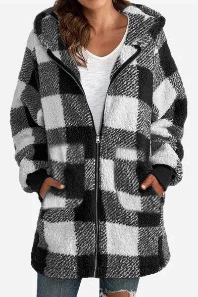 Bona Fide Fashion - Full Size Plaid Long Sleeve Hooded Coat - Women Fashion - Bona Fide Fashion